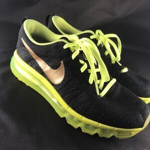 Mint Condition NIKE Flyknit MAX Nike iD Mens 8 Womens 9.5 Black Gold Volt Yellow